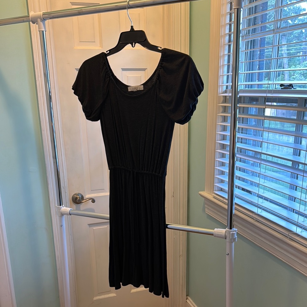 LOFT Black Midi Dress with Ruched Sleeves